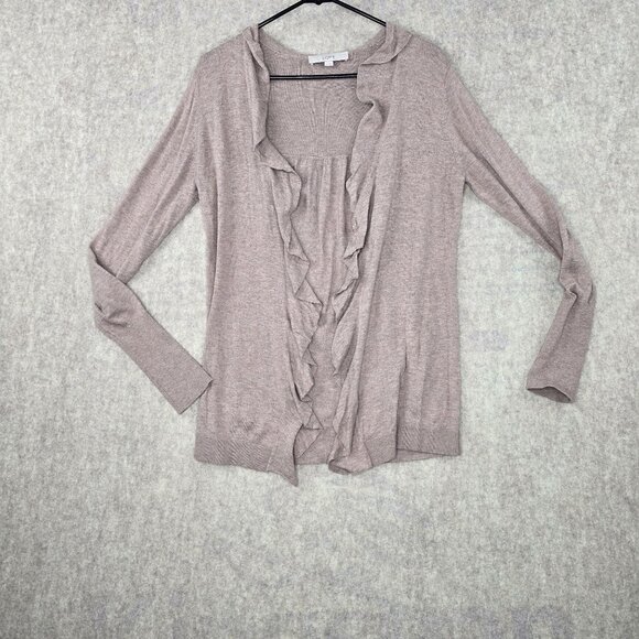 Loft Womens Ruffle Open Cardigan Sweater S Cotton Blend Beige - Picture 1 of 6